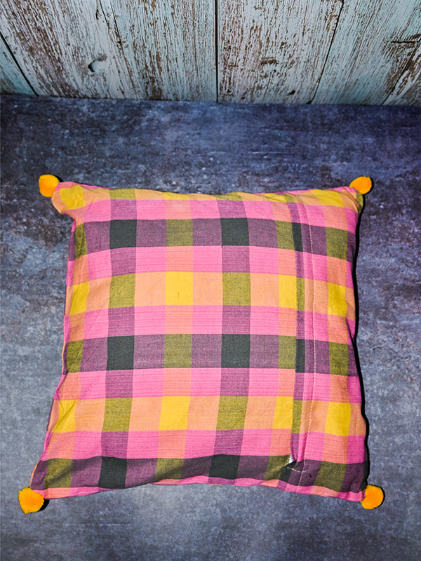 pink and yellow with pom poms yellow Cushion cover