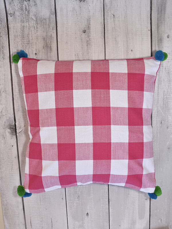 Pink and White Checks with Colorful Pom Poms Cushion Cover