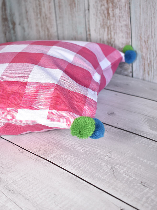 Pink and White Checks with Colorful Pom Poms Cushion Cover