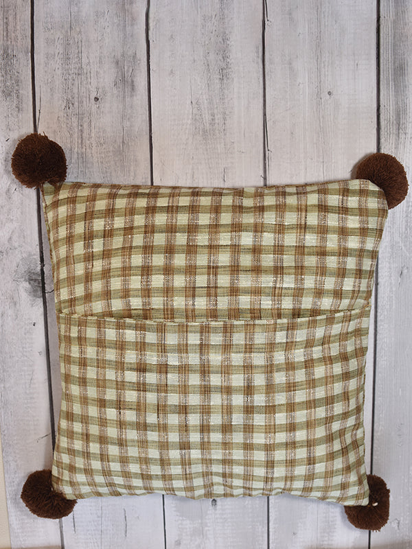 Brown and White Checks Cushion with Big Brown Pom Poms