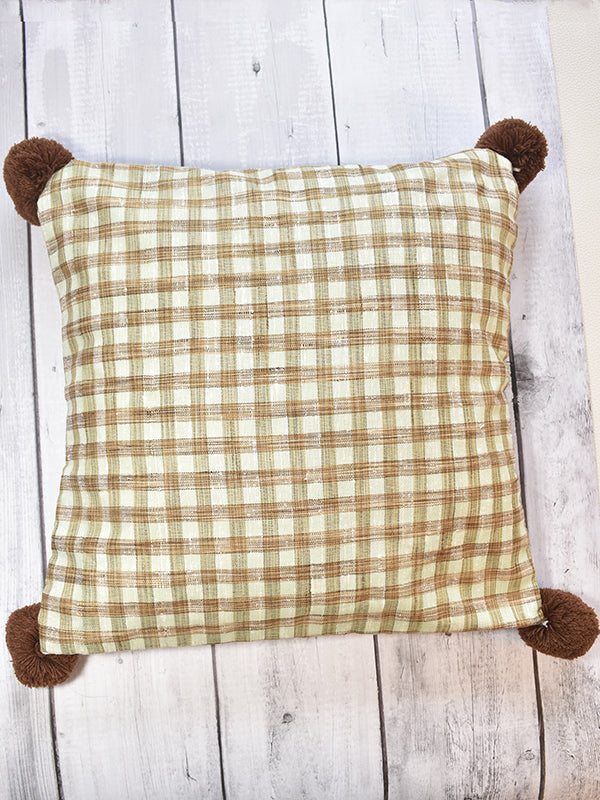 Brown and White Checks Cushion with Big Brown Pom Poms