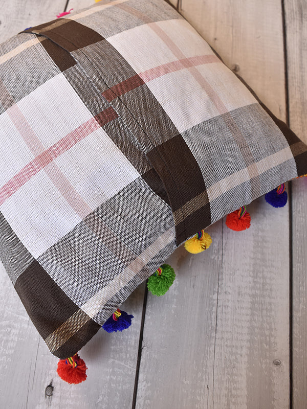 Brown and White Checks with Colorful Lace Cushion Cover