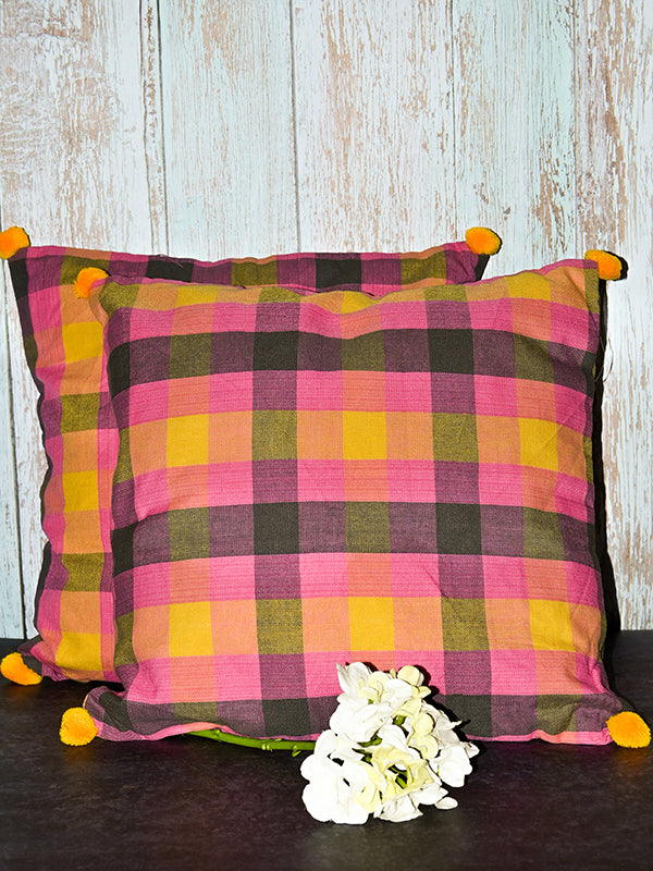 pink and yellow with pom poms yellow Cushion cover