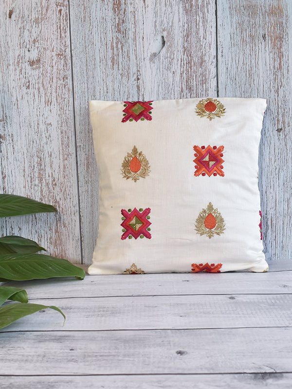 Off White Cushion Cover with Colored Thread Embroidery
