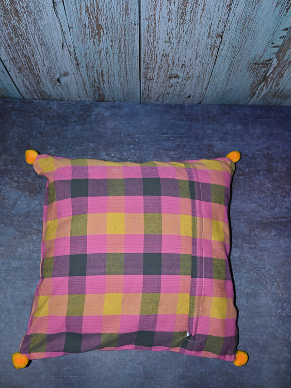 pink and yellow with pom poms yellow Cushion cover