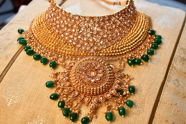 Green Bridal Necklace Set | Golden Necklace For Wedding