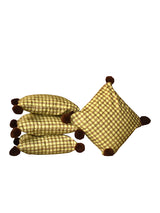 Green and Brown Checks with Brown Pom-Poms Cushion Cover