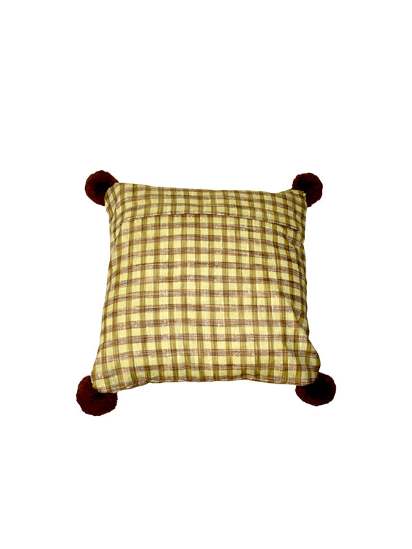 Green and Brown Checks with Brown Pom-Poms Cushion Cover