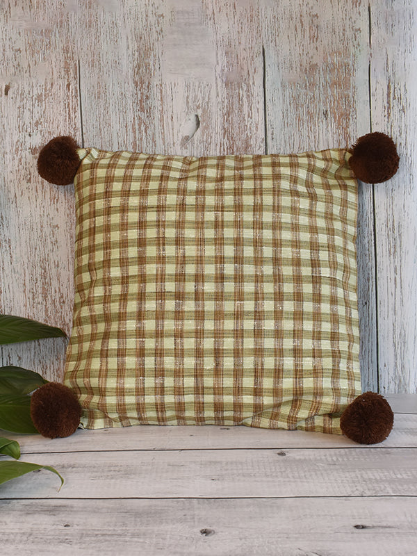 Green and Brown Checks with Brown Pom-Poms Cushion Cover