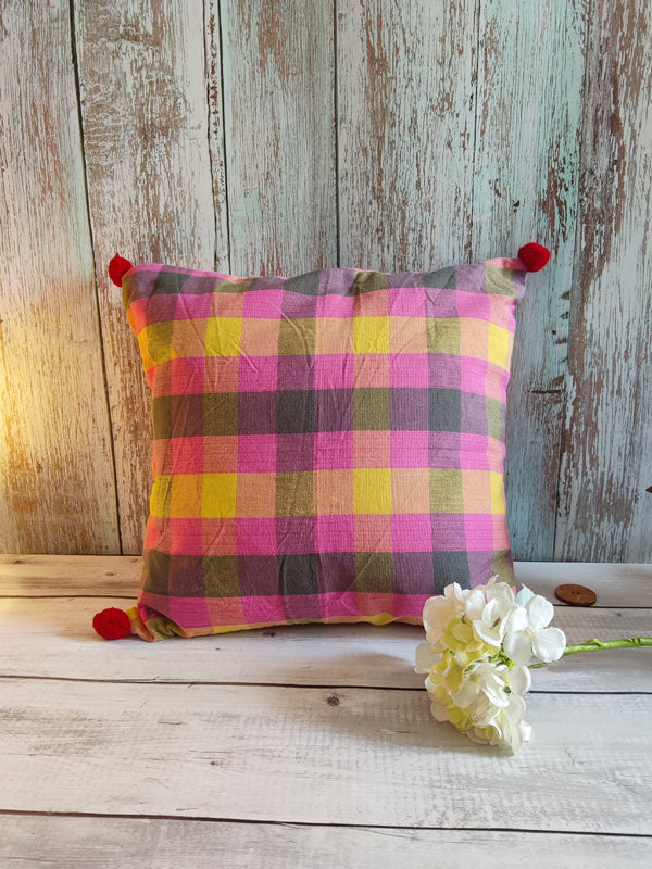 PINK AND YELLOW WITH POM POMS RED cushion cover
