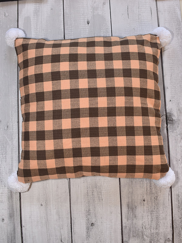 Brown and Orange Checks Cushion Covers with White Pom-Poms