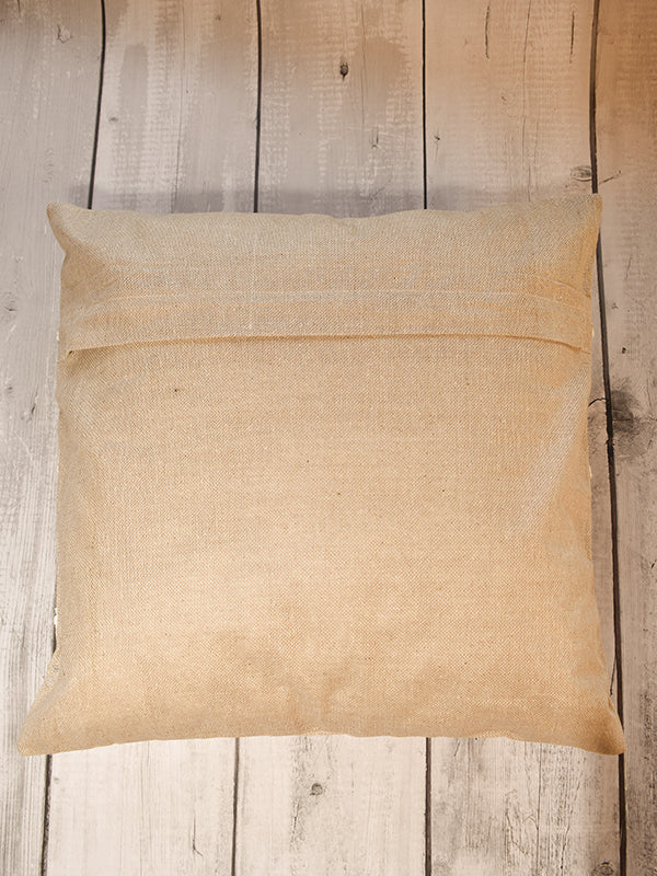 Light Brown Jute Cotton with White Lace Cushion Cover