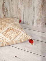 Off White and Golden Print with Pom-Poms and Wooden Doll Cushion Cover