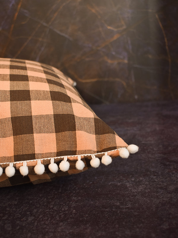 Orange and Brown Cushion Cover with Pom Pom Lace