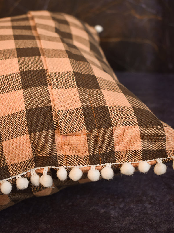 Orange and Brown Cushion Cover with Pom Pom Lace