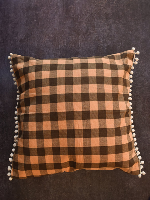 Orange and Brown Cushion Cover with Pom Pom Lace