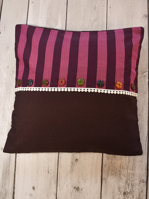 Pink and Brown Cushion Cover with Wooden Buttons