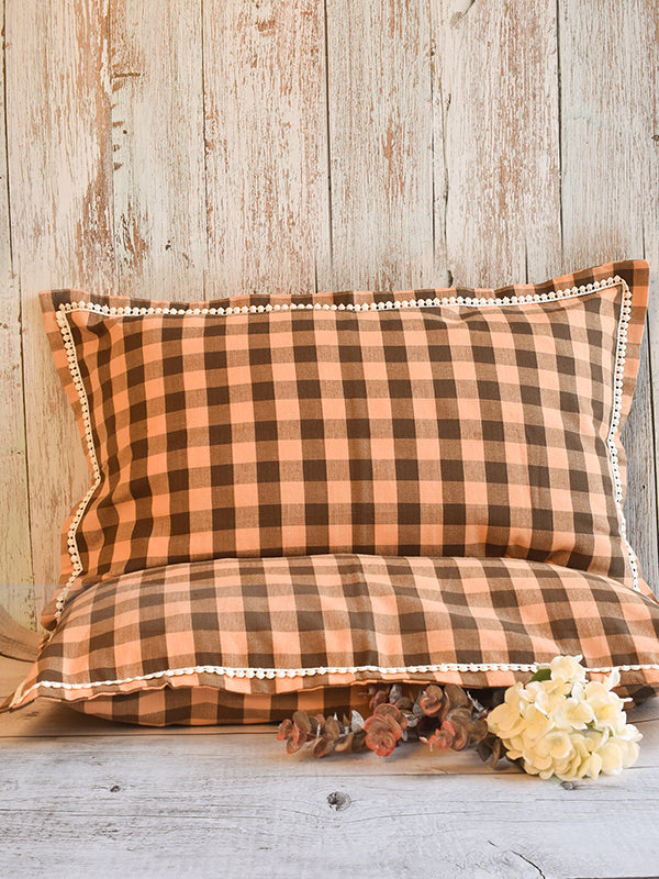 Orange and Brown Check Pillow Cover with Lace Design