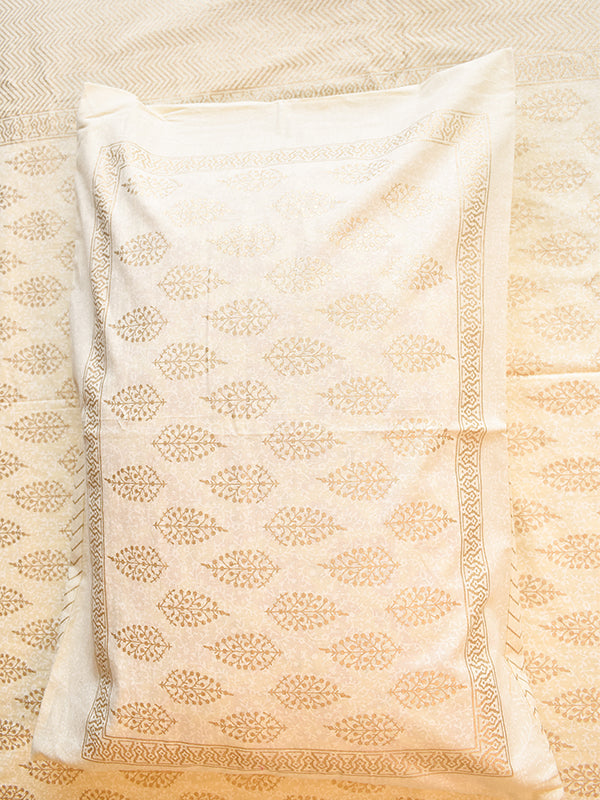 Off White and Golden Block Print Bedsheet Set