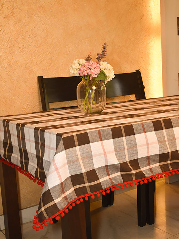 Brown and White Checks Table Cloth for 6 Seater