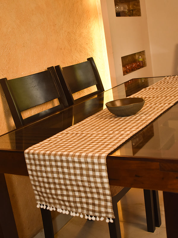 White and Brown Checks Rectangular Table Runner